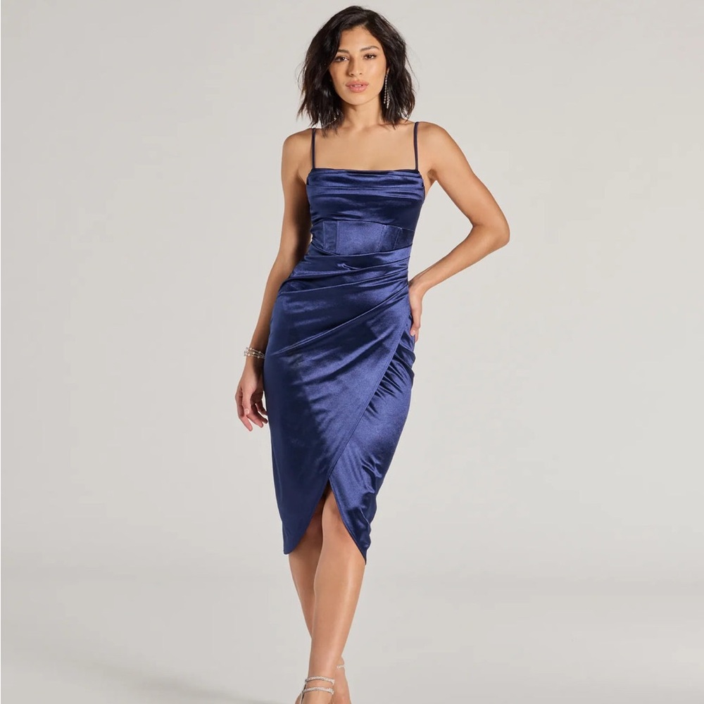 Elegant Navy Blue Satin Dress, Midi length